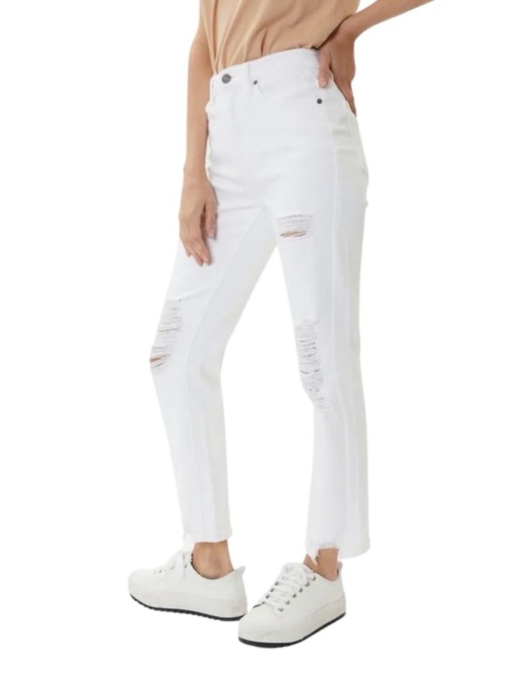 KanCan White High-Rise Distressed Ankle Jeans